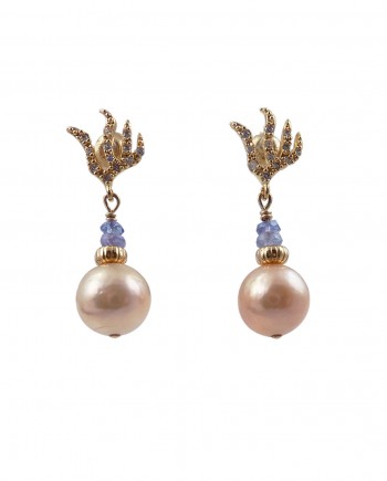 Designer pearl earrings golden peach pearls by Jewelry Olga Montreal Canada