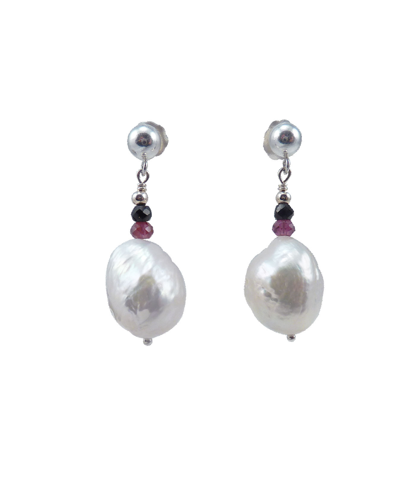 Pearl earrings white baroque pearls, colored gems. Modern pearl jewelry