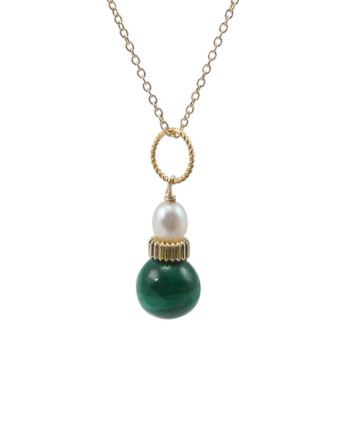 Malachite jewelry necklace with a pink pearl designed and created by Jewelry Olga Montreal