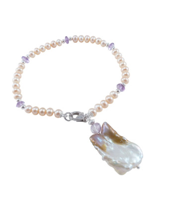 Pink pearl bracelet amethyst accents and beautiful big keshi pearl charm designed and created by Jewelry Olga Montreal Canada