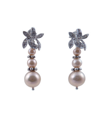 Pink pearl earrings flower Sterling silver setting designed and created by Jewelry Olga Montreal Canada