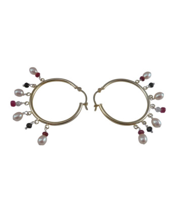 Hoop pearl earrings black spinel and natural ruby by Jewelry Olga Montreal Canada