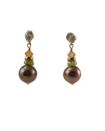 Black pearl earrings carnelian and peridot. Designer pearl jewelry by Jewelry Olga Montreal Canada