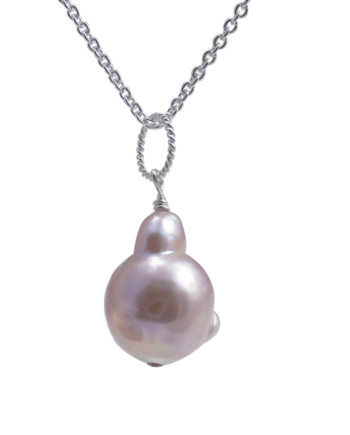 Silvery pink baroque pearl pendant necklace. Modern pearl jewelry designed and created by Jewelry Olga Montreal Canada