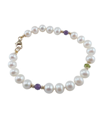 Designer pearl bracelet peridot amethyst as colored accents . Modern pearl jewelry by Jewelry Olga Montreal Canada