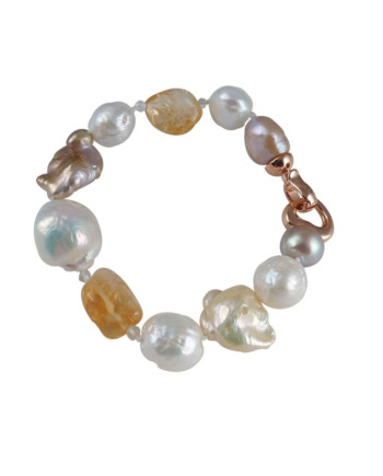 Pearl bracelet citrine as colored accent. Modern pearl jewelry by Jewelry Olga Montreal Canada