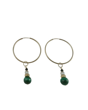 Malachite hoop earrings with black spinel and pink pearls. Modern pearl jewelry by Jewelry Olga Montreal Canada