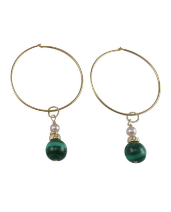 Malachite hoop earrings pink pearls. Modern pearl jewelry by Jewelry Olga Montreal Canada