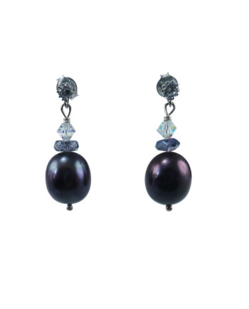 Pearl earrings iolite and Swarovski crystals. Modern pearl jewelry by Jewelry Olga Montreal Canada