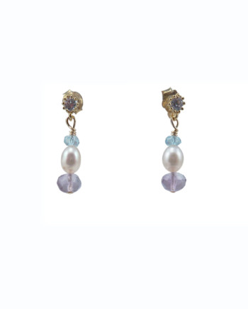 Delicate pearl earrings blue topaz, amethyst. Modern pearl jewelry by Jewelry Olga, Montreal Canada