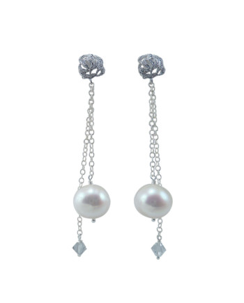 Dangling designer pearl earrings as wedding pearl jewelry. Modern pearl jewelry by Jewelry Olga Montreal Canada