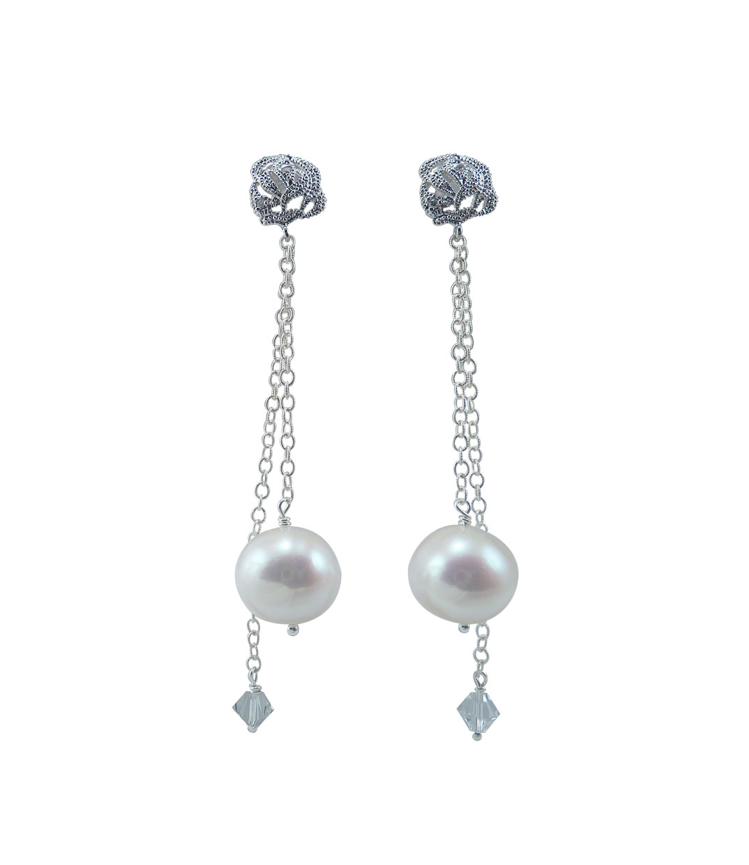 Dangling designer pearl earrings. White wedding pearl jewelry