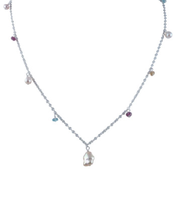 Delicate pearl necklace fringe of freshwater pearls and colored gems. Modern pearl jewelry by Jewelry Olga Montreal Canada