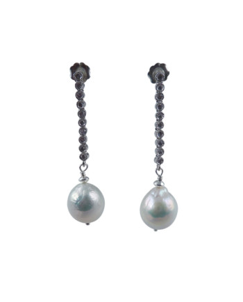 Dangling wedding pearl earrings. Modern designer pearl jewelry by Jewelry Olga Montreal Canada