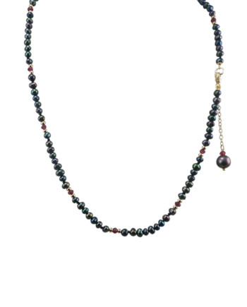 Black pearl necklace garnet as accent. Designer pearl jewelry by Jewelry Olga Montreal Canada