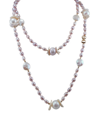 Designer long pink pearl necklace designed and made by Jewelry Olga Montreal Canada