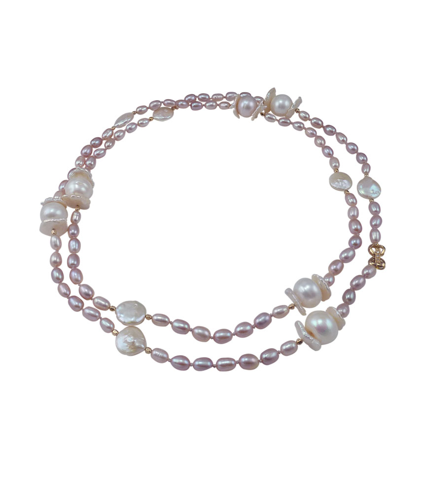 Designer long pink pearl necklace.Modern pearl jewelry, real pearls