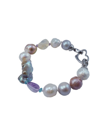 Pearl bracelet blue topaz, citrine and amethyst as colored accents. Real pearl jewelry designed and created by Jewelry Olga Montreal Canada