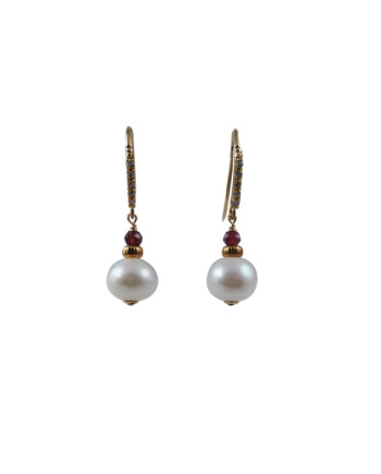Dangling white pearl earrings designed and created by Jewelry Olga Montreal Canada