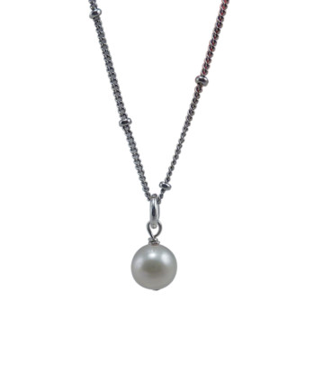 Pearl pendant white real pearl on fancy Rhodium plated silver chain. Designed and created by Jewelry Olga Montreal Canada