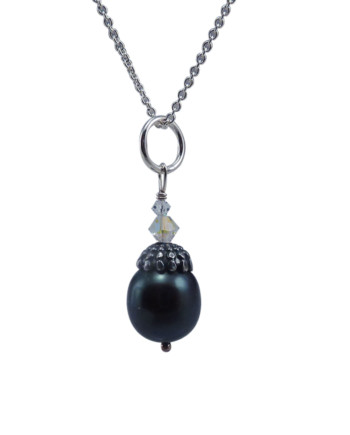 Black pearl pendant necklace on Sterling silver chain. Designed and created by Jewelry Olga Montreal Canada