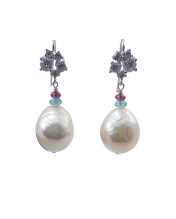 Unique pearl earrings garnet, blue topaz. Designed and created by Jewelry Olga Montreal Canada