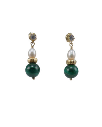 Earrings malachite and pearls. Modern designer pearl jewelry designed and created by Jewelry Olga Montreal Canada