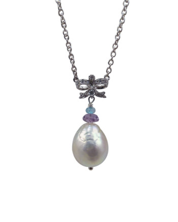 Stylish pearl pendant amethyst and blue topaz. Modern designer pearl jewelry designed and created by Jewelry Olga Montreal Canada