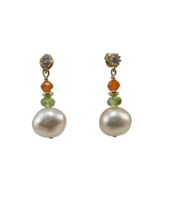 Apricot silvery pearl earrings feature freshwater pearls and colored gems. Designed and created by Jewelry Olga Montreal Canada