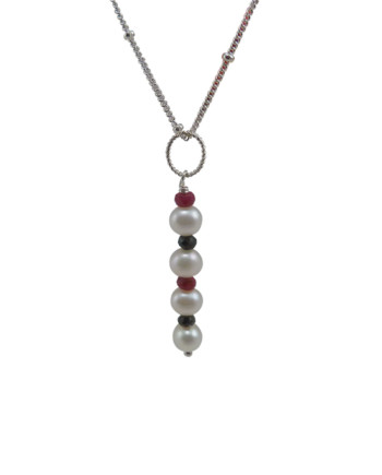 Pearl pendant necklace black spinel and ruby. Modern designer pearl jewelry designed and created by Jewelry Olga Montreal Canada