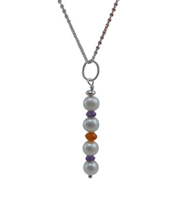 Pearl pendant necklace orange carnelian and amethyst as colored accents. Designer pearl jewelry by Jewelry Olga Montreal Canada