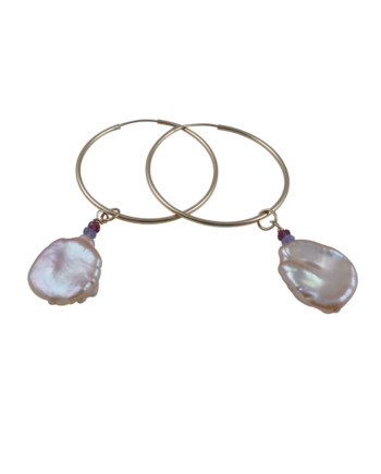 Trendy hoop earrings pink keshi pearls. Designed and created by Jewelry Olga Montreal Canada