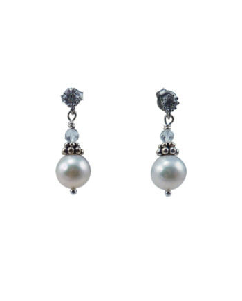 Silvery white pearl earrings feature freshwater pearls. Designed and created by Jewelry Olga Montreal Canada