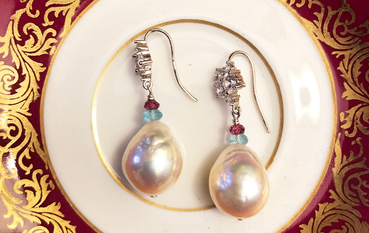 Color in pearl jewelry. Designer pearl earrings created by Jewelry Olga Montreal Canada