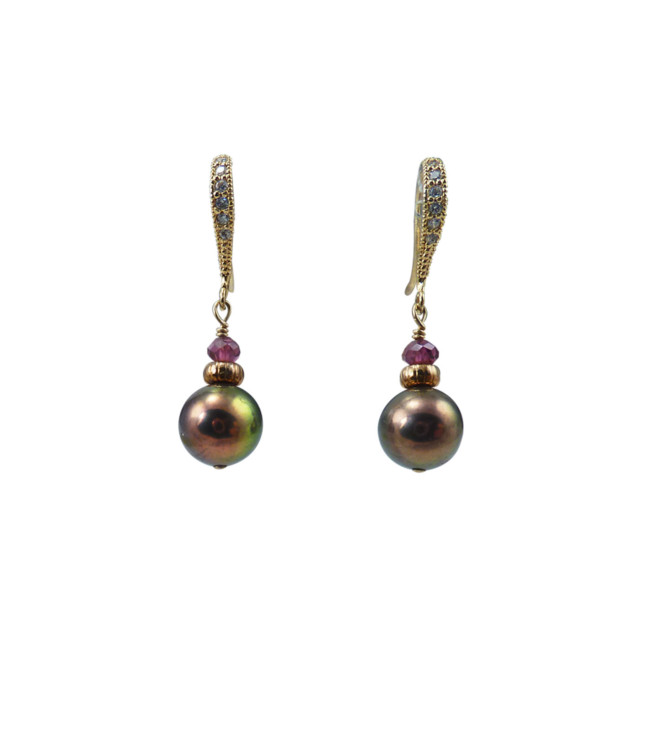 Dangling pearl earrings black pearls, garnet. Custom modern pearl jewelry
