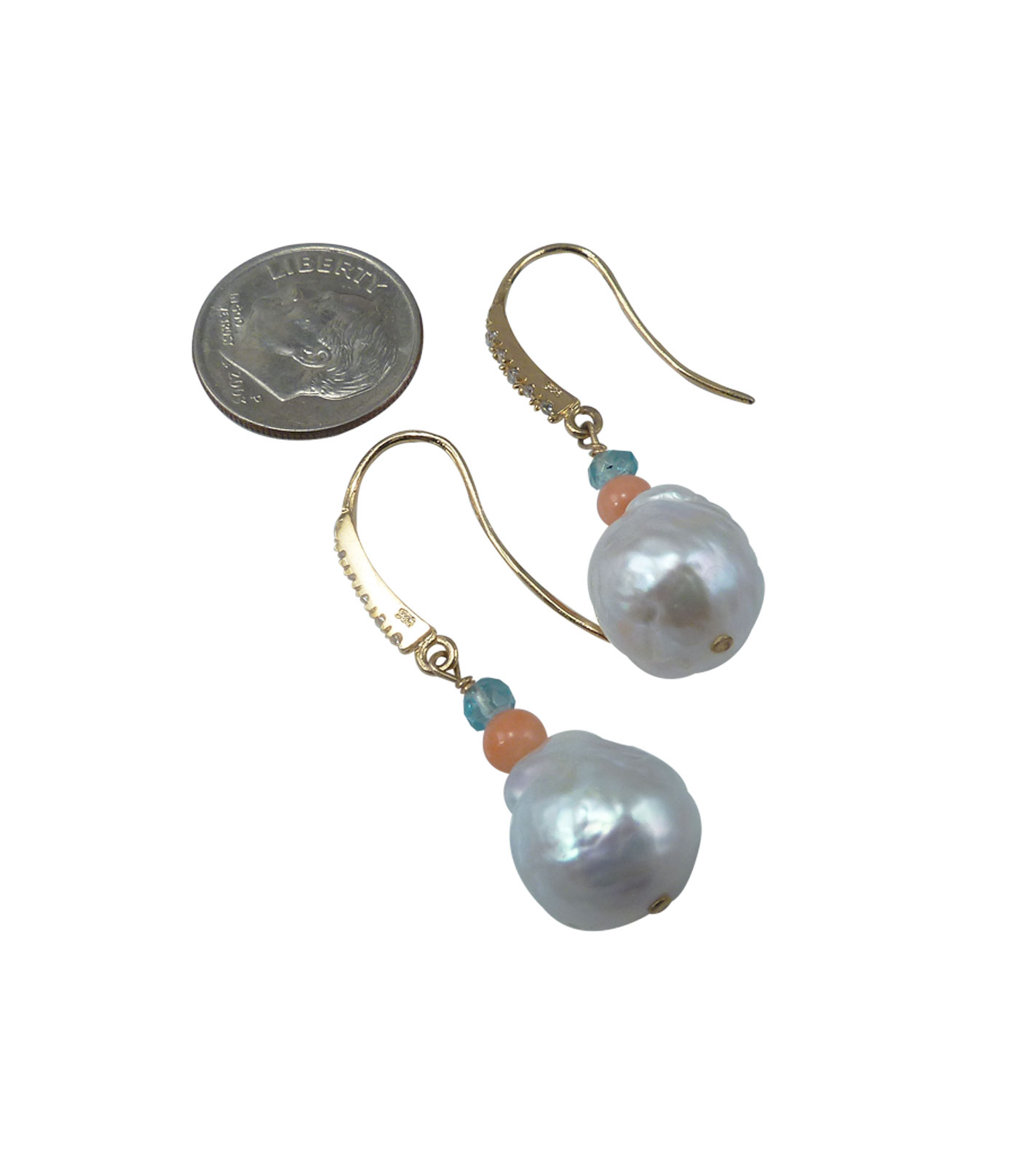 Designer pearl earrings coral, apatite. Custom modern pearl jewelry