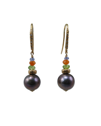Black dangling pearl earrings. Designer pearl jewelry by Jewelry Olga Montreal Canada