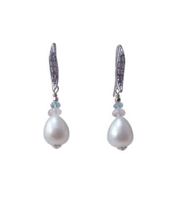 Drop pearl earrings rose quartz and blue topaz. Modern pearl jewelry designed and created by Jewelry Olga Montreal Canada