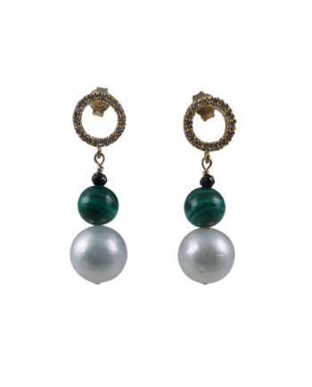 Gorgeous dangling malachite and pearl earrings designed and created by Jewelry Olga Montreal Canada