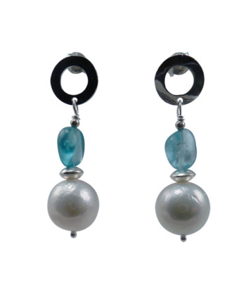 Dangling pearl earrings neon blue apatite . Designed and created by Jewelry Olga Montreal Canada