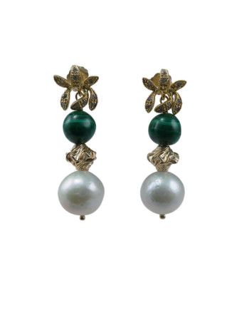 Festive dangling malachite and pearl earrings. Designed and created by Jewelry Olga Montreal Canada