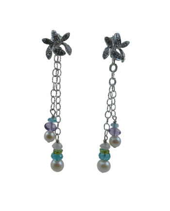Custom dangling designer pearl earrings. Modern pearl earrings designed and created by Jewelry Olga Montreal Canada