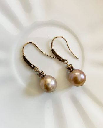 Golden pearl earrings. Modern designer pearl jewelry designed and made by Jewelry Olga Montreal Canada