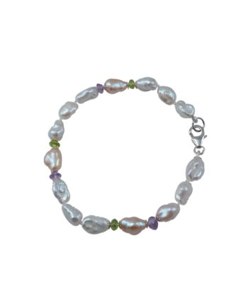 Pearl bracelet keshi peridot and amethyst. Modern real pearl jewelry designed and created by Jewelry Olga in Montreal, Canada
